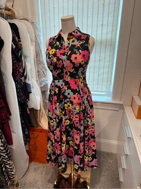 Kate Spade Black Sleeveless Floral Midi Dress - Pink, Yellow & Gray Size 6